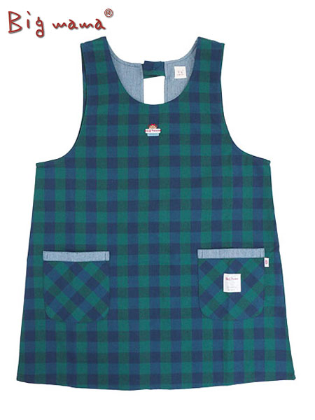 Big mama(ビッグママ)ラン型エプロン チェック柄 ウエスト紐タイプ