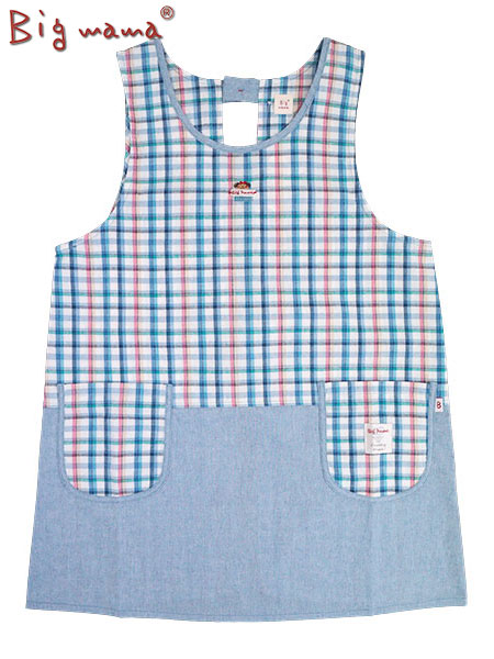 Big mama(ビッグママ) ラン型エプロン チェック＆無地柄 ウエスト紐タイプ