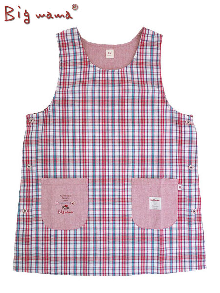 Big mama(ビッグママ) ラン型 かぶりエプロン サイドボタン チェック柄 タバード