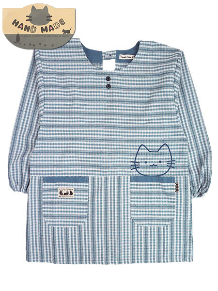 Hand Made 先染格子柄割烹着 ポケットに猫プリント ウエスト紐タイプ