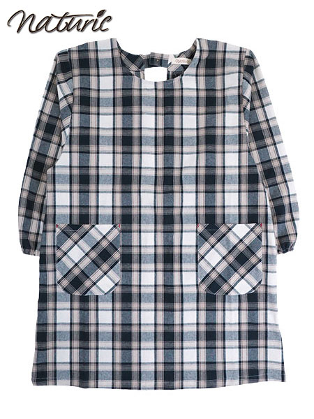 naturic 婦人割烹着 ロング丈 cotton100% チェック柄 後ろ開き