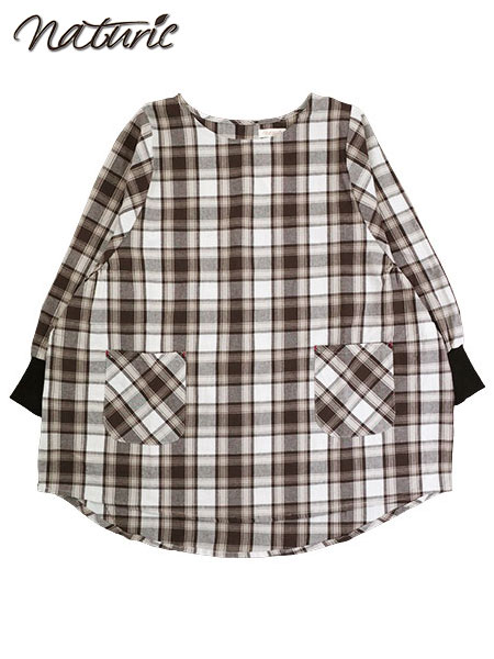 naturic 婦人タブリエ割烹着 チェック柄 cotton100% 袖口リブ かぶりタイプ