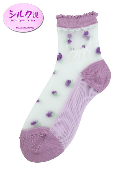 シルク混 婦人シースルーソックス 足底メッシュ 花と猫
