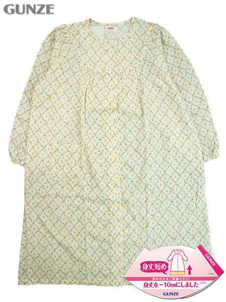 グンゼ 婦人長袖全開ネグリジェ 身丈短め 綿100% Wガーゼ 花柄