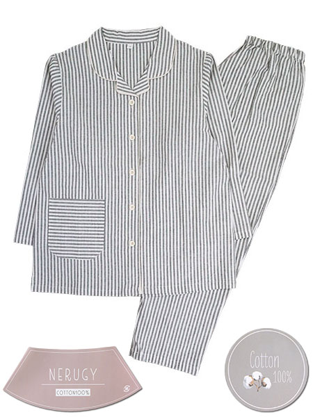 NERUGY 婦人長袖・長パンツパジャマ ストライプ柄 綿100% 先染めシーチング