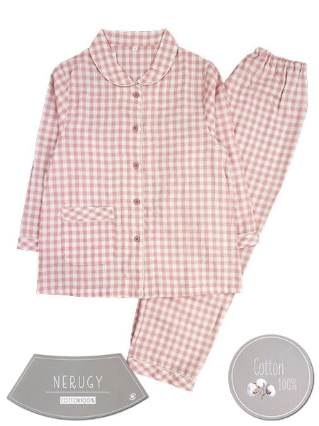 NERUGY 婦人長袖・長パンツパジャマ 綿100%ダブルガーゼ ギンガムチェック柄