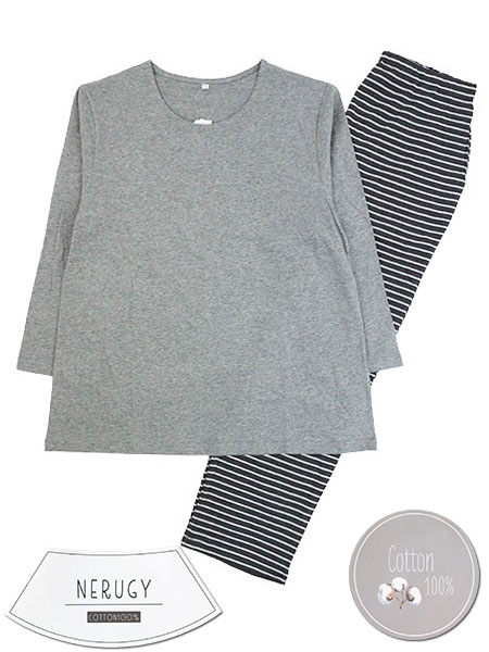 NERUGY 婦人長袖・長パンツパジャマ 綿100% 天竺 無地×ボーダー柄