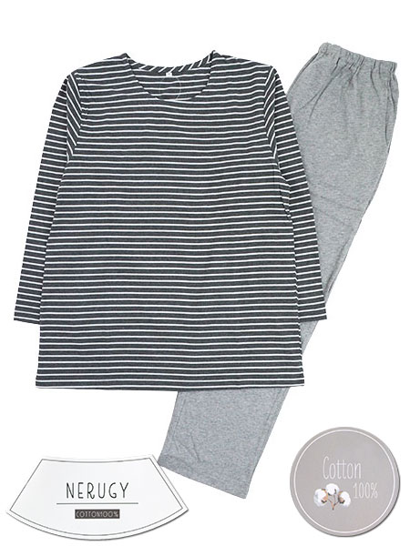 NERUGY 婦人長袖・長パンツパジャマ 綿100% 天竺 細ボーダー柄×無地