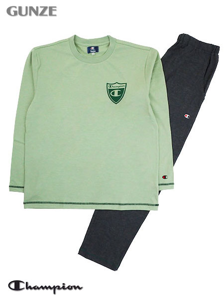 グンゼ Champion(チャンピオン)紳士長袖・長パンツパジャマ かぶりタイプ 左胸にロゴプリント
