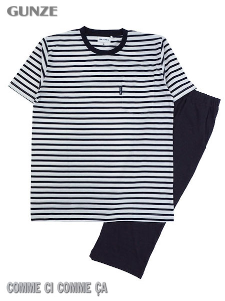 グンゼ コムシコムサ 紳士半袖・7分丈パンツパジャマ ボーダー柄 先染め天竺
