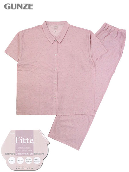 グンゼ キレイラボ Fitte 婦人5分袖・長パンツパジャマ ドット柄 綿100%天竺素材 襟付き