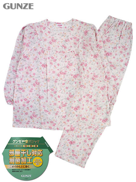 グンゼ 婦人長袖・長パンツパジャマ 部屋干し対応 制菌加工 綿100% Wガーゼ 花柄